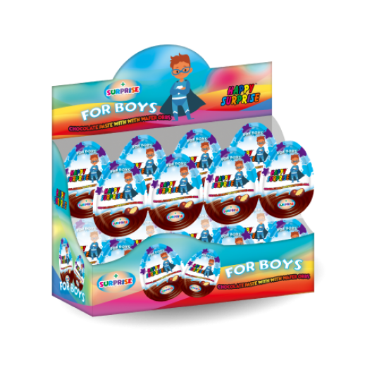 Яйцо Премиум "HAPPY SURPRISE" с сюрпризом и ДВУХЦВЕТНОЙ шоколадной пастой с ВАФЕЛЬНЫМИ ШАРИКАМИ, 20 г, для мальчиков